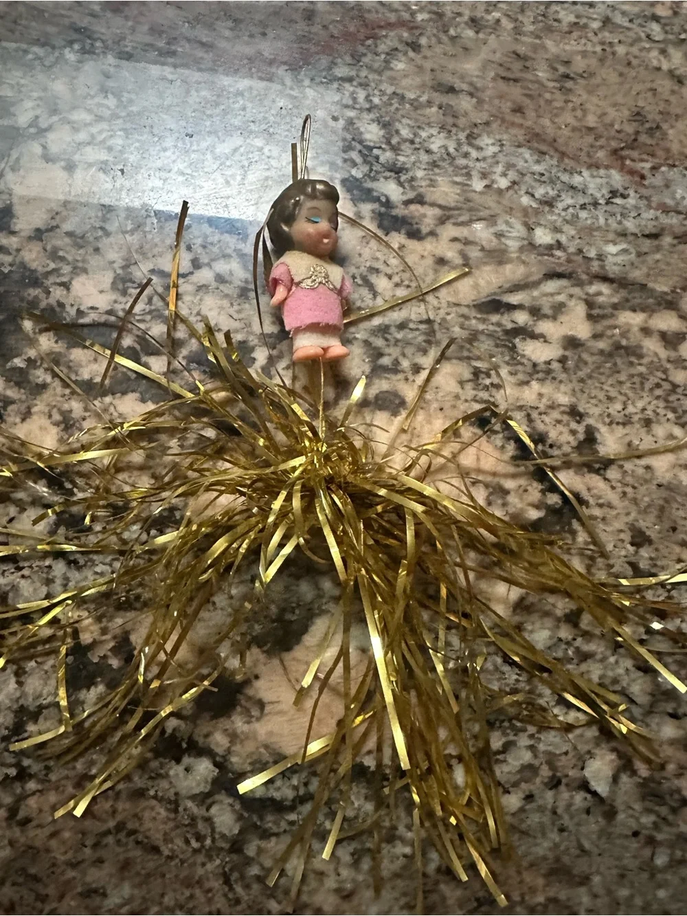 Vintage MCM Atomic Fountain Pink Angel Ornament with Gold Tinsel *READ*